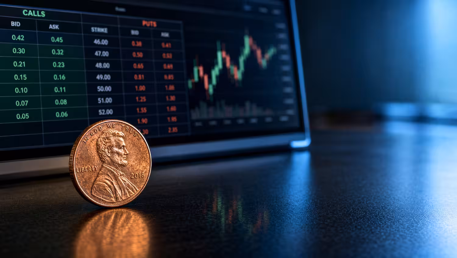 A penny in front of an options trading screen