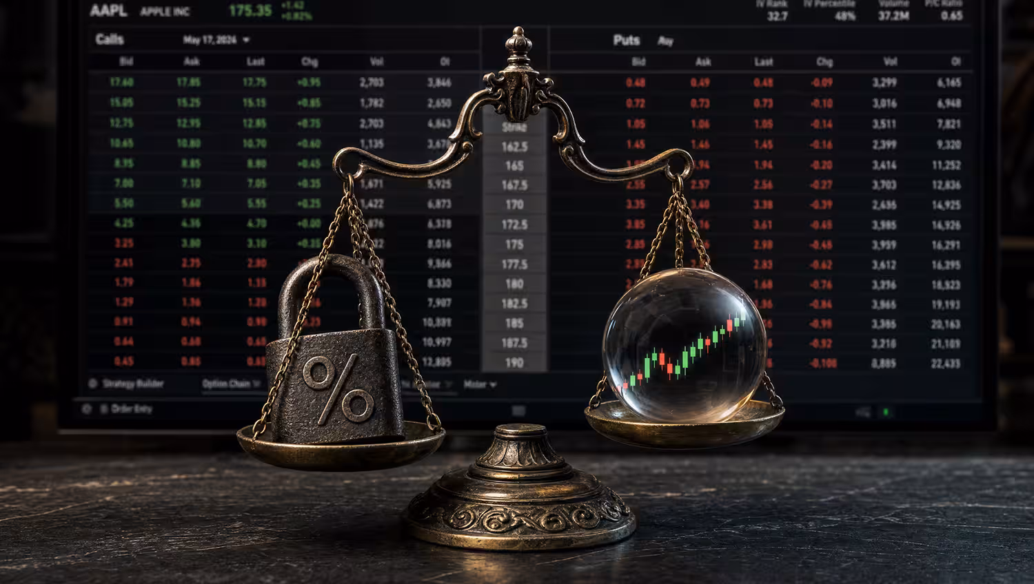 Tilted vintage brass scale weighing a heavy iron padlock against a glowing stock chart, illustrating borrow costs and risk in options trading.