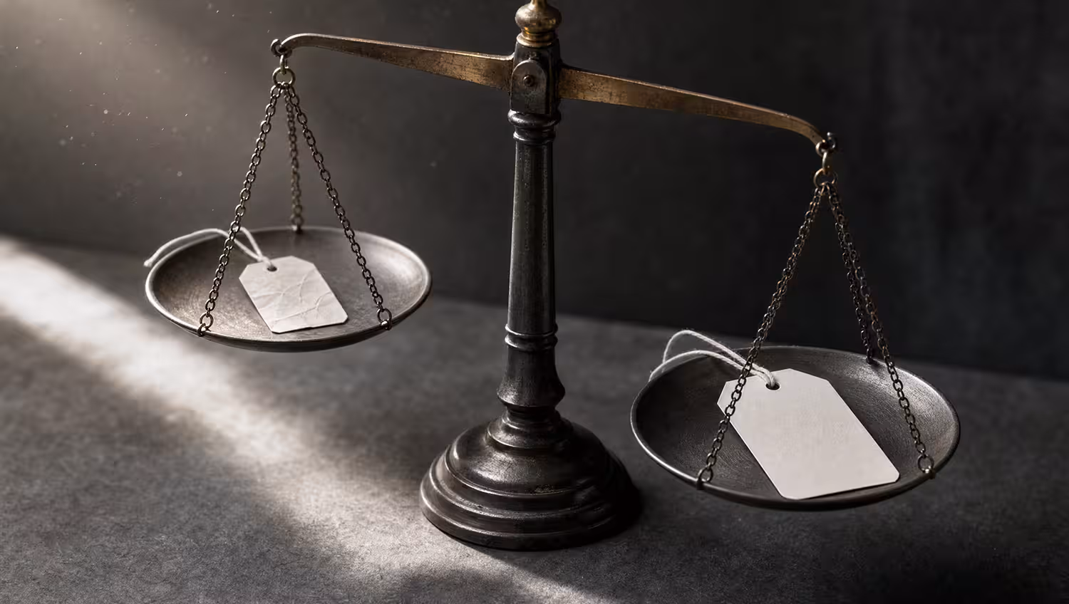Two blank price tags on the pans of an antique balance beam, resting at unequal heights