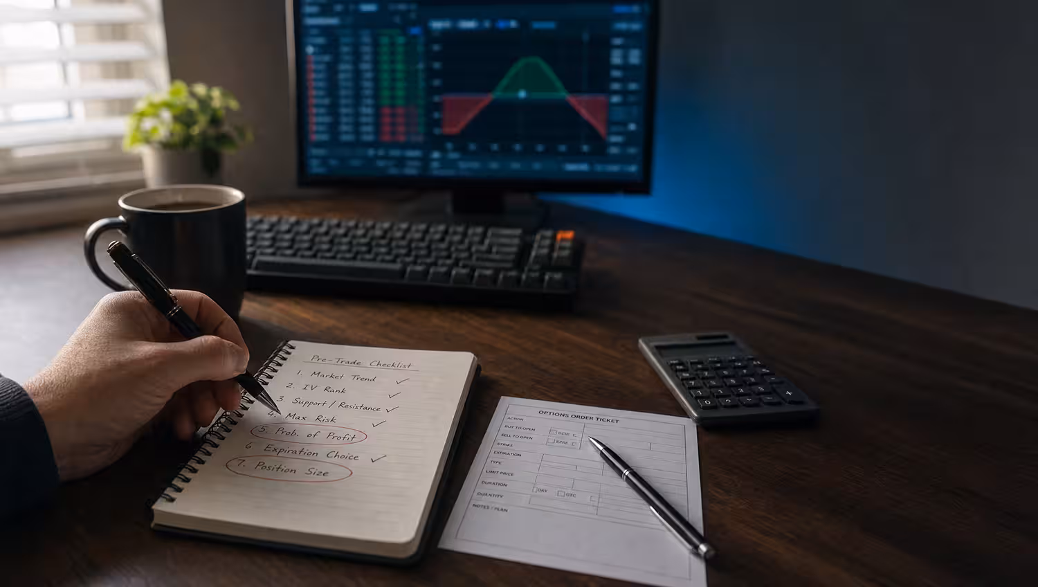 Trader reviewing a handwritten checklist before placing an options order.